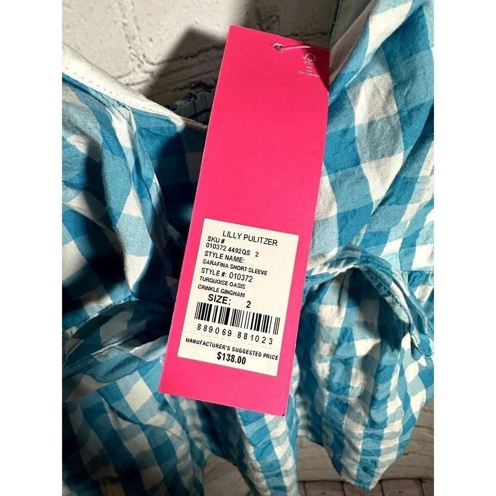 Lilly Pulitzer Sarafina Short Sleeve Top Turquoise Gingham Blue White 2 NEW